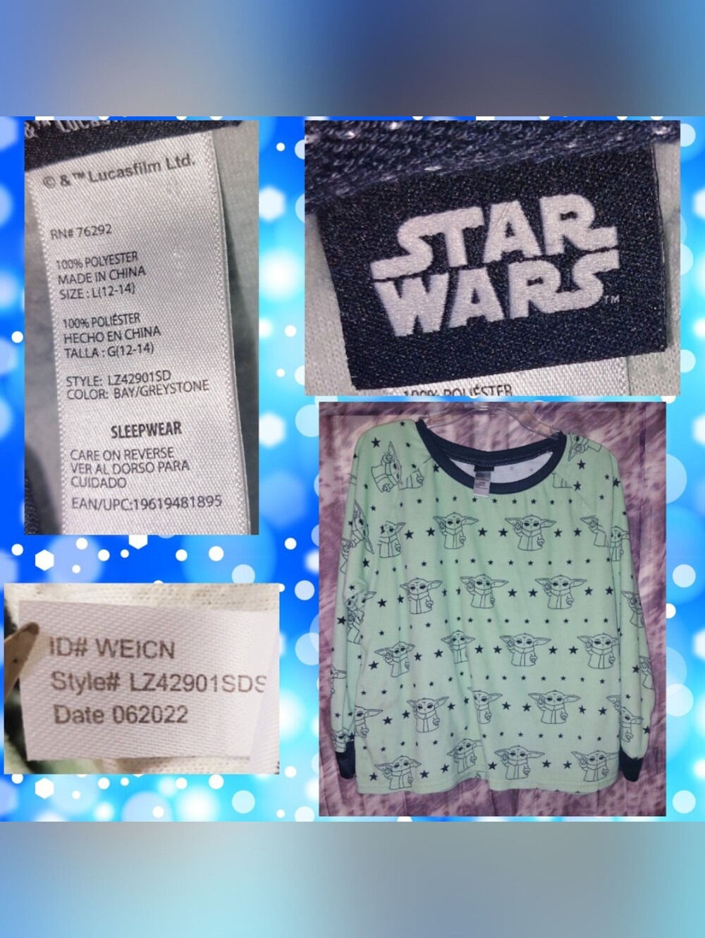 Star Wars Mint/Blk Grogu/Stars Graphic Print Super Soft Fleece Raglan Top Sz Lrg